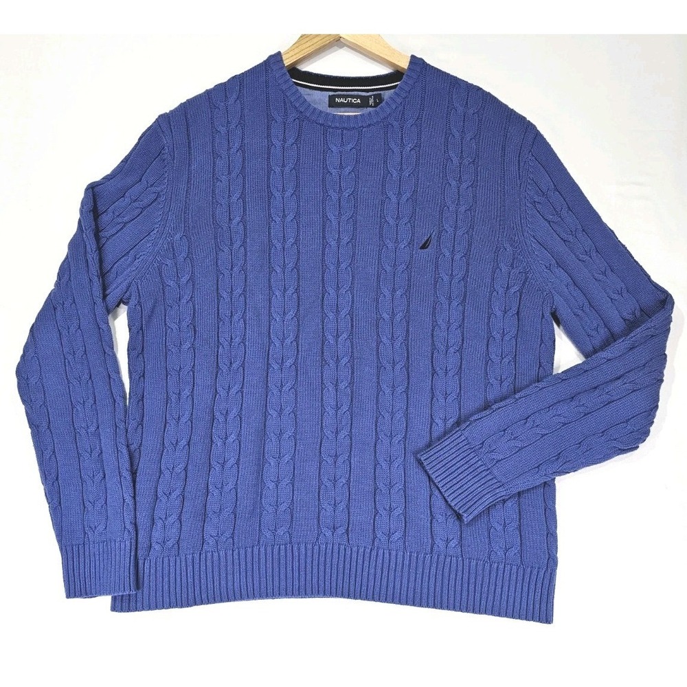 Nautica Men's Crew Neck Sweater Blue Cable‎ Knit Cotton Nautical Size Large